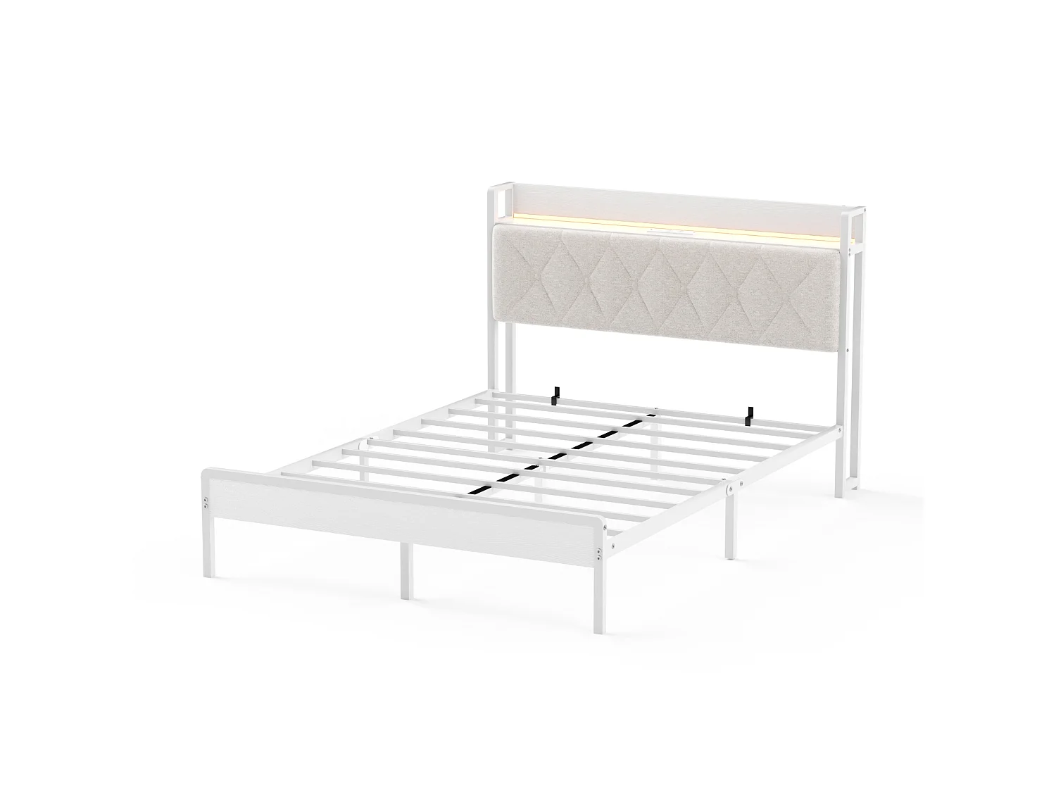 Łóżko dla dorosłych 140 x 190 cm z białego lnu, zagłówek z oświetleniem LED i portami USB, schowek pod łóżkiem, bez materaca