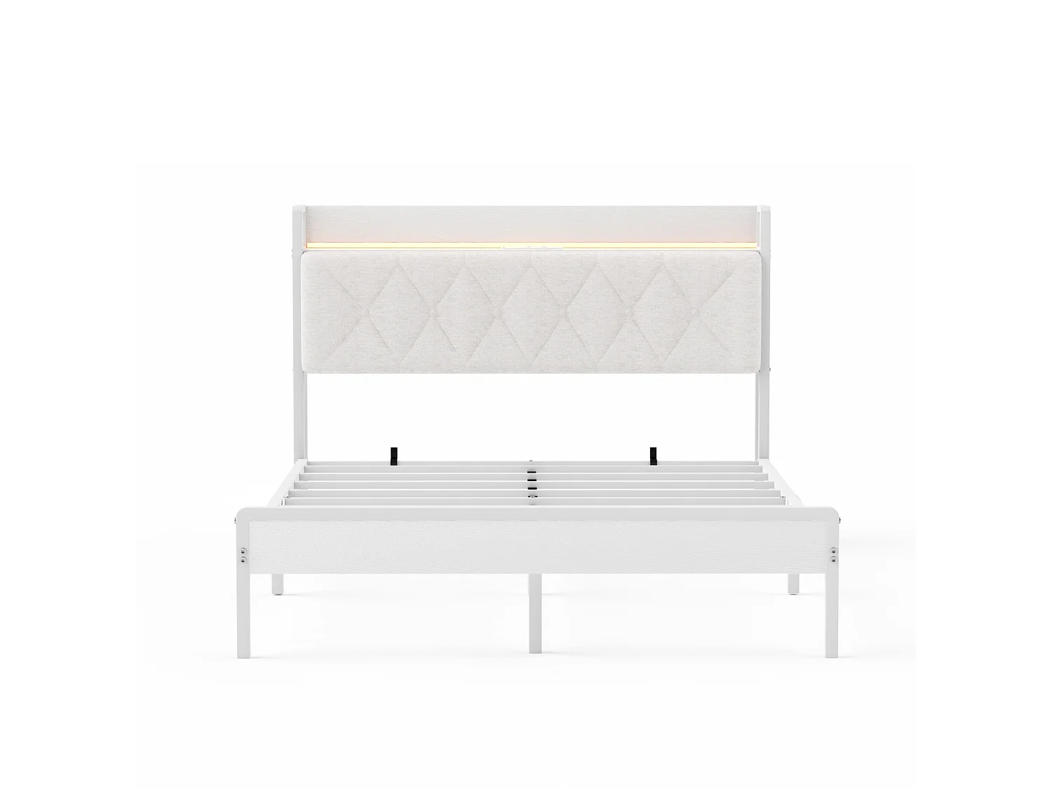 Łóżko dla dorosłych 140 x 190 cm z białego lnu, zagłówek z oświetleniem LED i portami USB, schowek pod łóżkiem, bez materaca