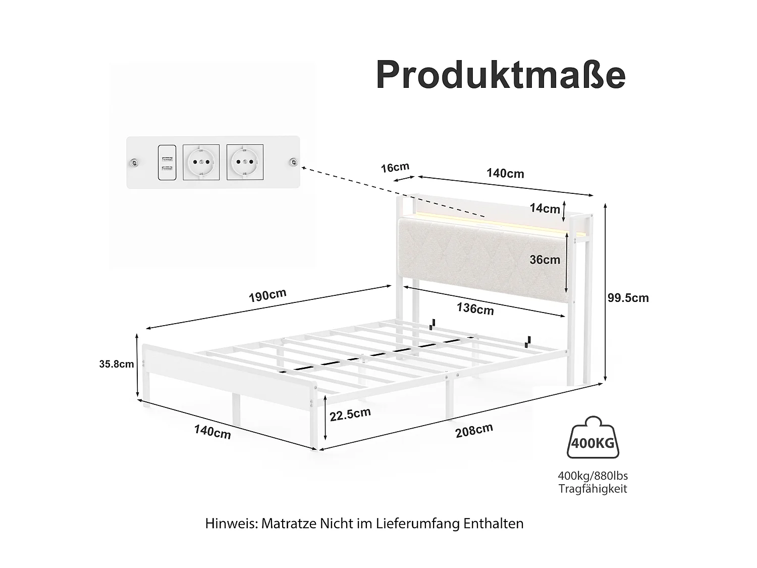 Łóżko dla dorosłych 140 x 190 cm z białego lnu, zagłówek z oświetleniem LED i portami USB, schowek pod łóżkiem, bez materaca