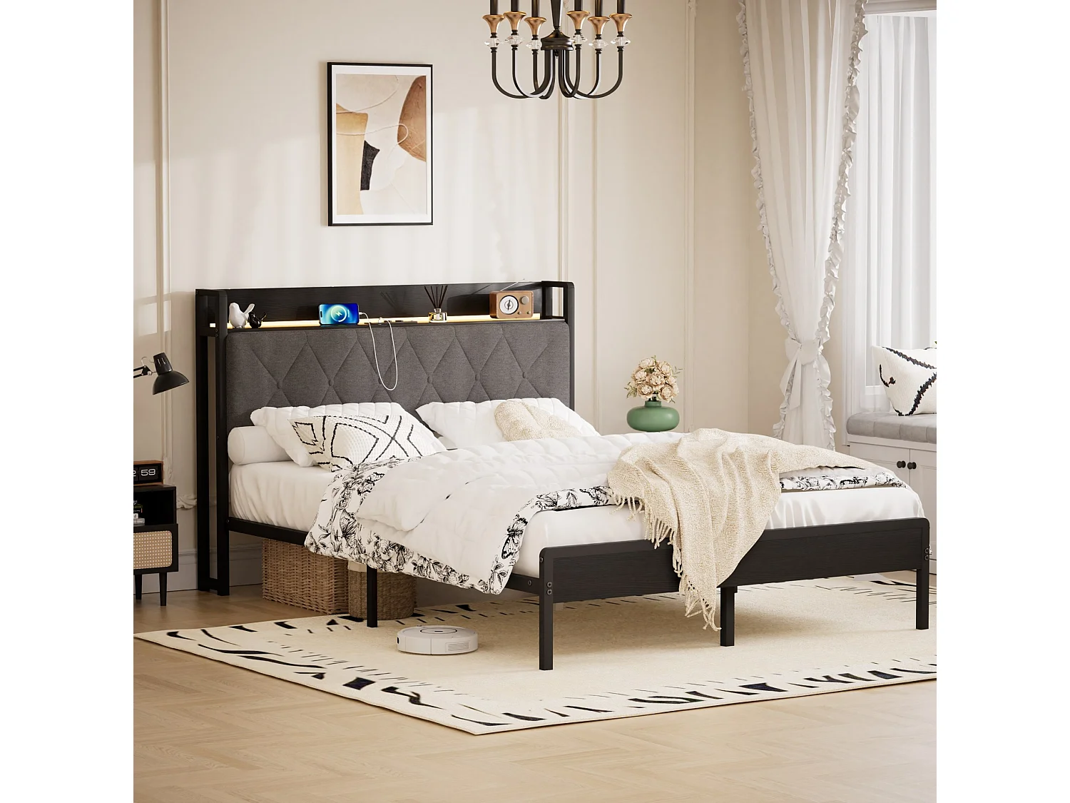 Łóżko dla dorosłych 140x190 cm z lnu czarno‑szarego, zagłówek LED, porty USB, schowek pod łóżkiem, bez materaca