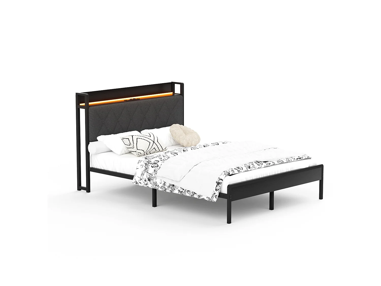 Łóżko dla dorosłych 140x190 cm z lnu czarno‑szarego, zagłówek LED, porty USB, schowek pod łóżkiem, bez materaca