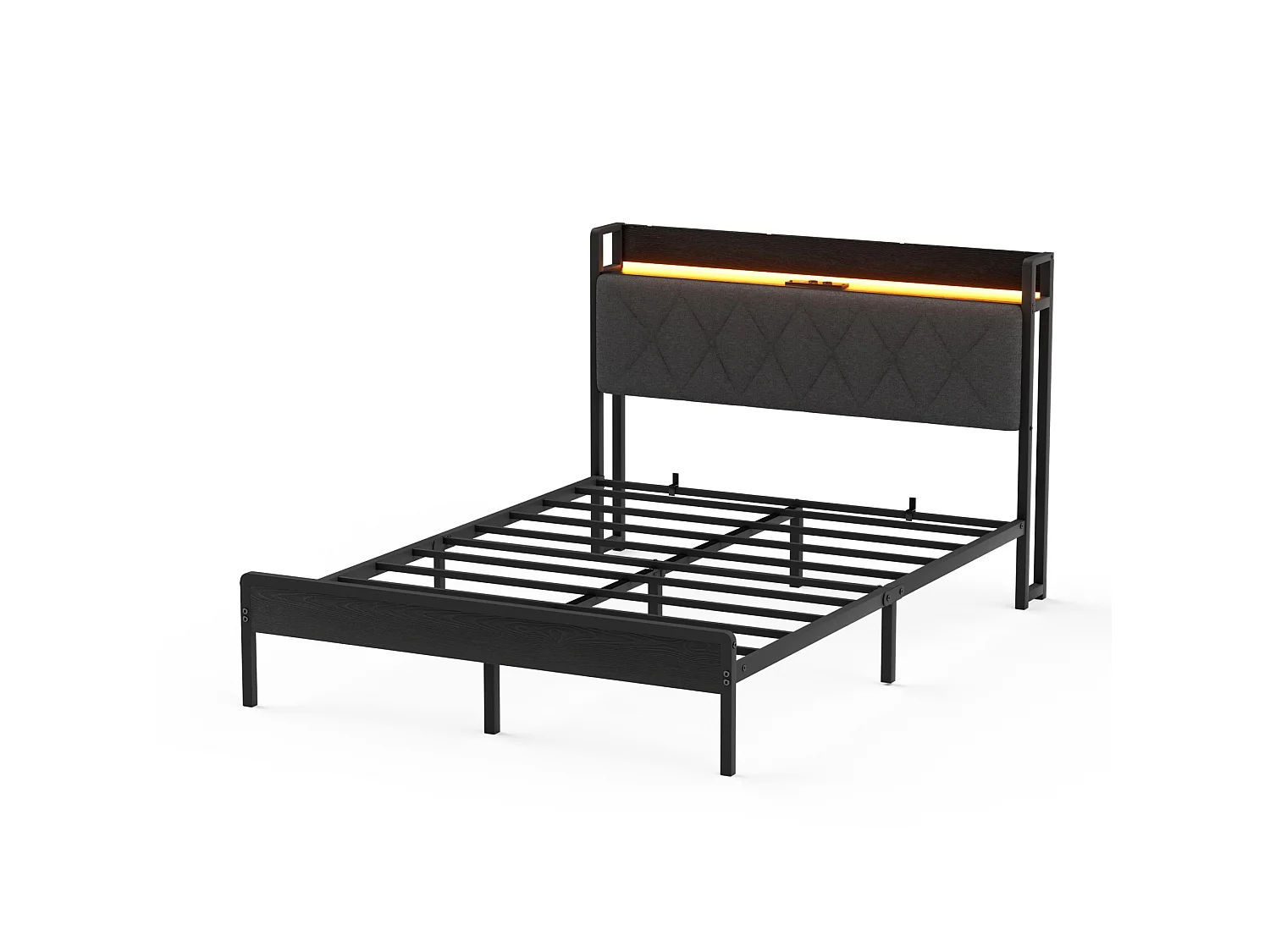 Łóżko dla dorosłych 140x190 cm z lnu czarno‑szarego, zagłówek LED, porty USB, schowek pod łóżkiem, bez materaca