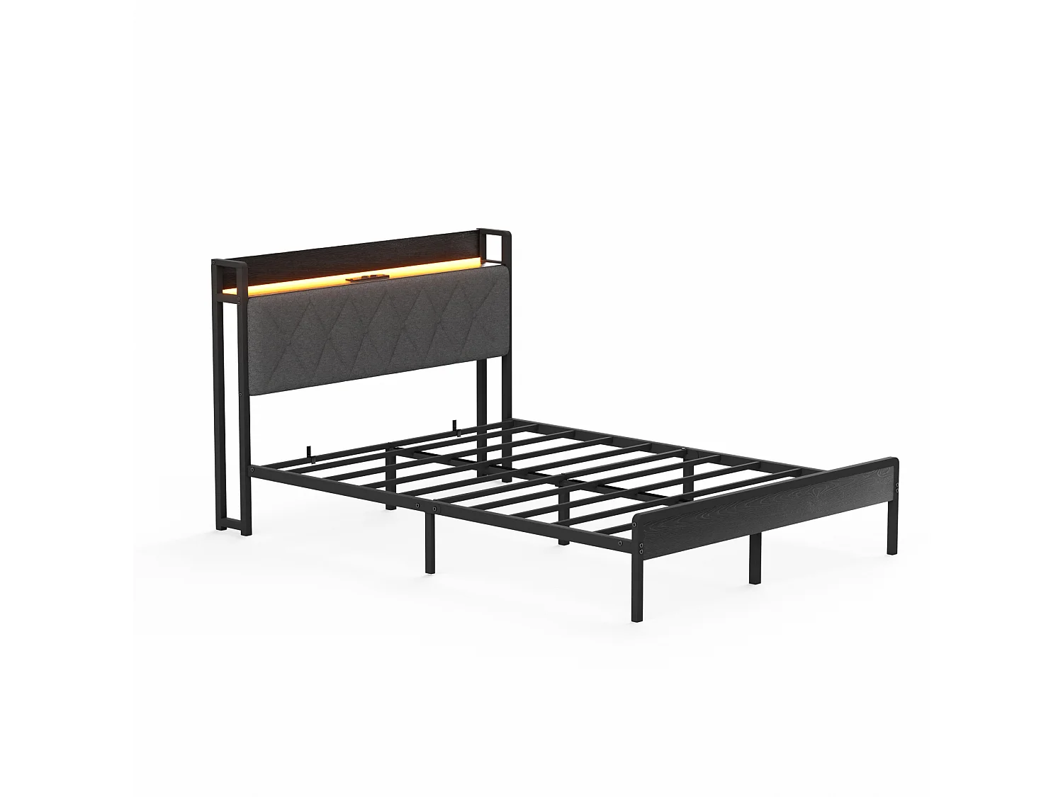 Łóżko dla dorosłych 140x190 cm z lnu czarno‑szarego, zagłówek LED, porty USB, schowek pod łóżkiem, bez materaca