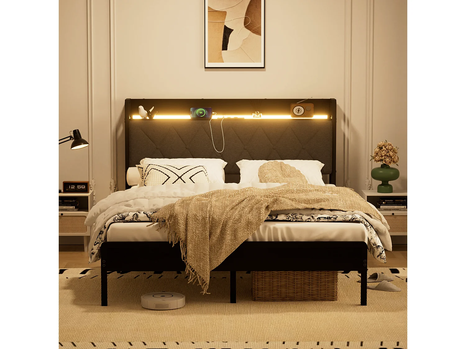 Łóżko dla dorosłych 140x190 cm z lnu czarno‑szarego, zagłówek LED, porty USB, schowek pod łóżkiem, bez materaca