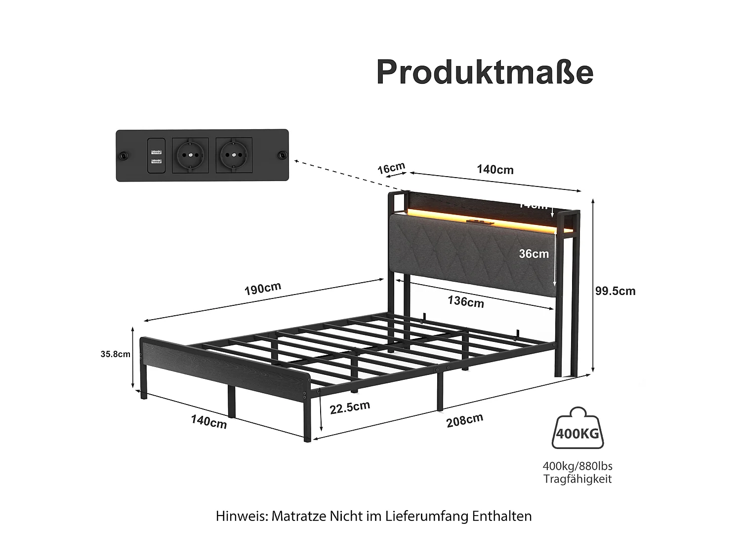 Łóżko dla dorosłych 140x190 cm z lnu czarno‑szarego, zagłówek LED, porty USB, schowek pod łóżkiem, bez materaca