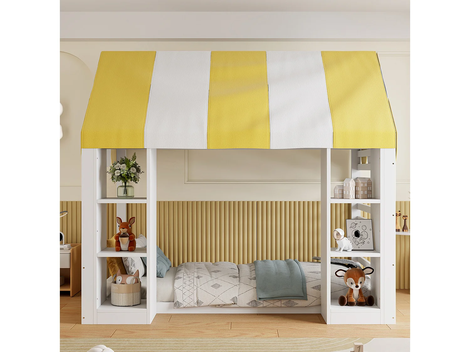 Lit cabane 90x200 cm en bois blanc, lit enfant avec baldaquin et 2 rangements ouverts, sans matelas