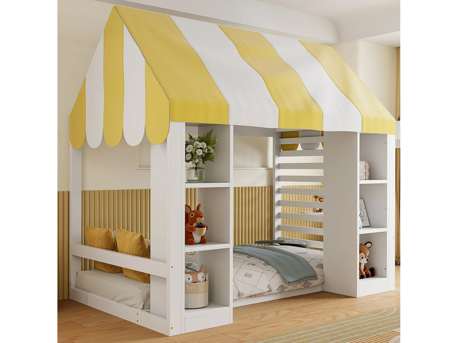 Lit cabane 90x200 cm en bois blanc, lit enfant avec baldaquin et 2 rangements ouverts, sans matelas