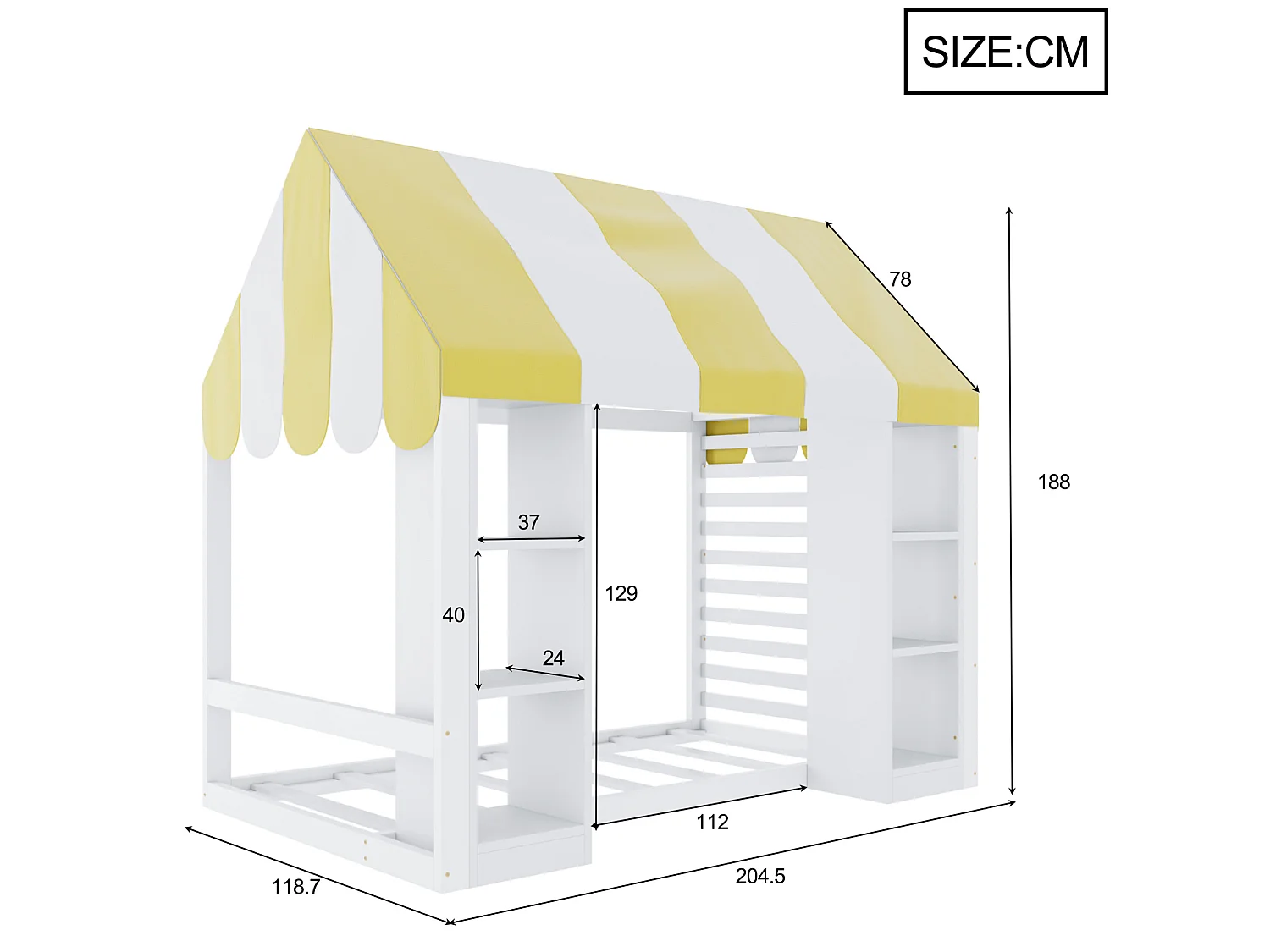 Lit cabane 90x200 cm en bois blanc, lit enfant avec baldaquin et 2 rangements ouverts, sans matelas