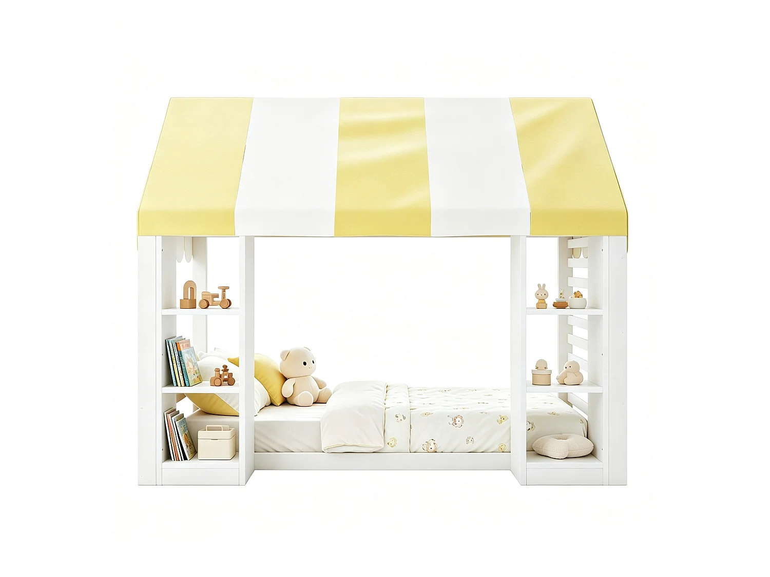 Lit cabane 90x200 cm en bois blanc, lit enfant avec baldaquin et 2 rangements ouverts, sans matelas