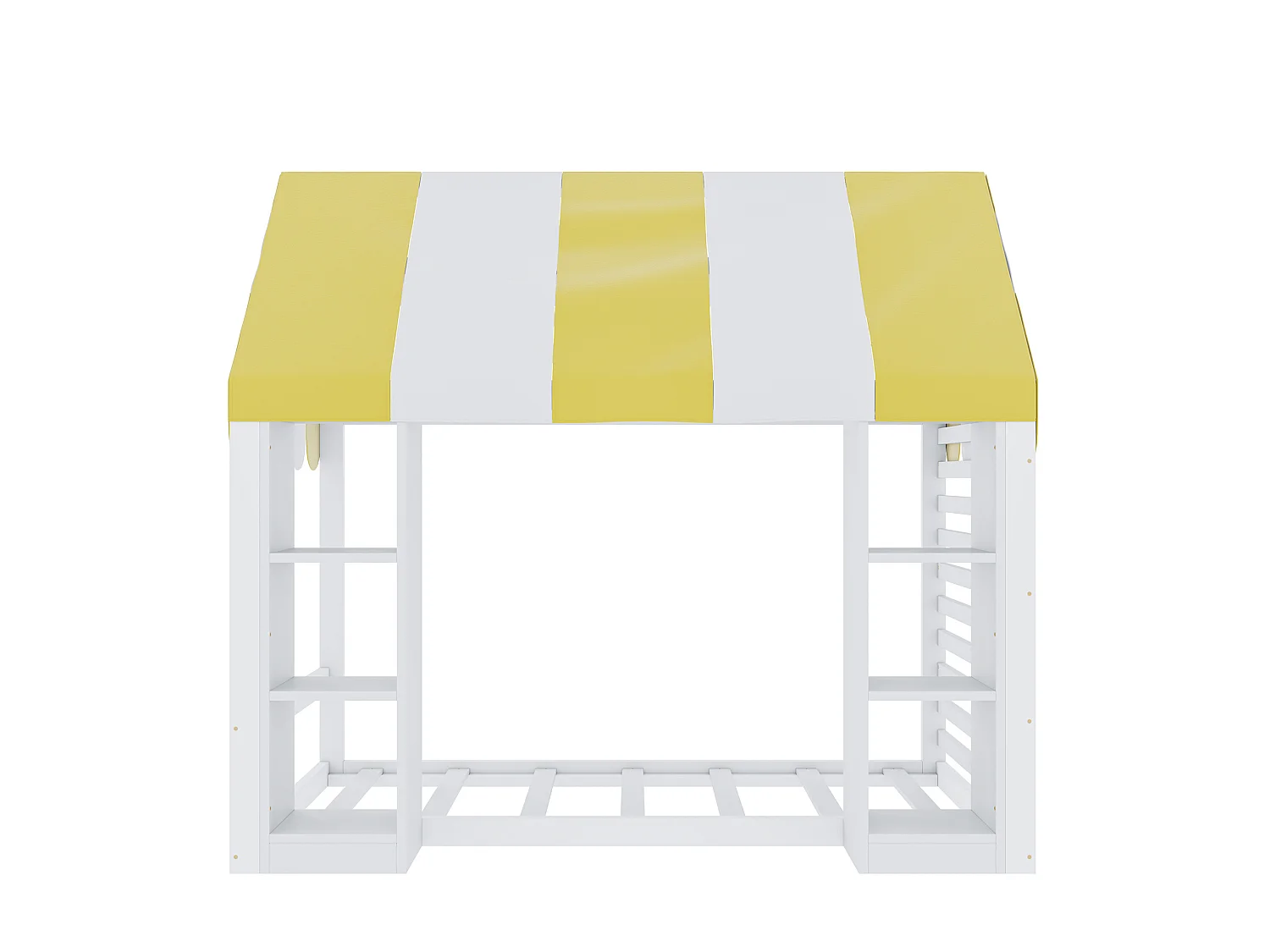 Lit cabane 90x200 cm en bois blanc, lit enfant avec baldaquin et 2 rangements ouverts, sans matelas