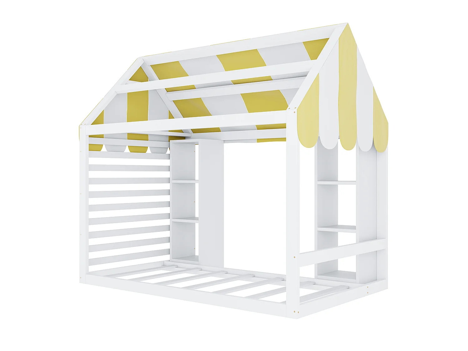 Lit cabane 90x200 cm en bois blanc, lit enfant avec baldaquin et 2 rangements ouverts, sans matelas