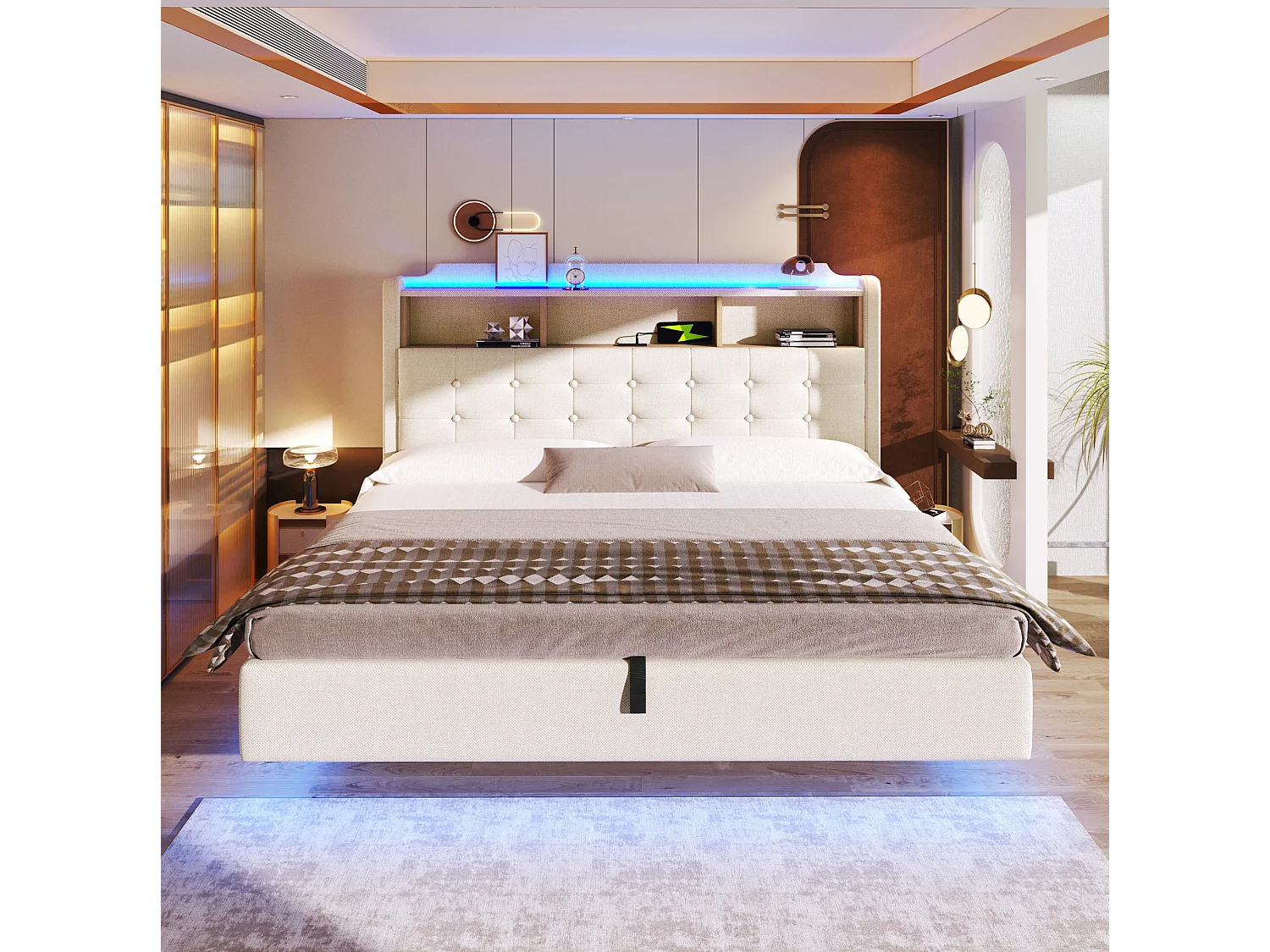 Hängande förvaringssäng 180x200 cm i beige linne, förvaring i sänggaveln, LED‑belysning, USB‑ och Type‑C‑portar, utan madrass