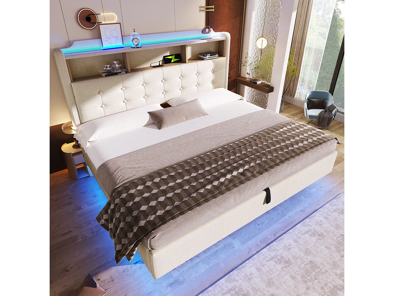 Hängande förvaringssäng 180x200 cm i beige linne, förvaring i sänggaveln, LED‑belysning, USB‑ och Type‑C‑portar, utan madrass