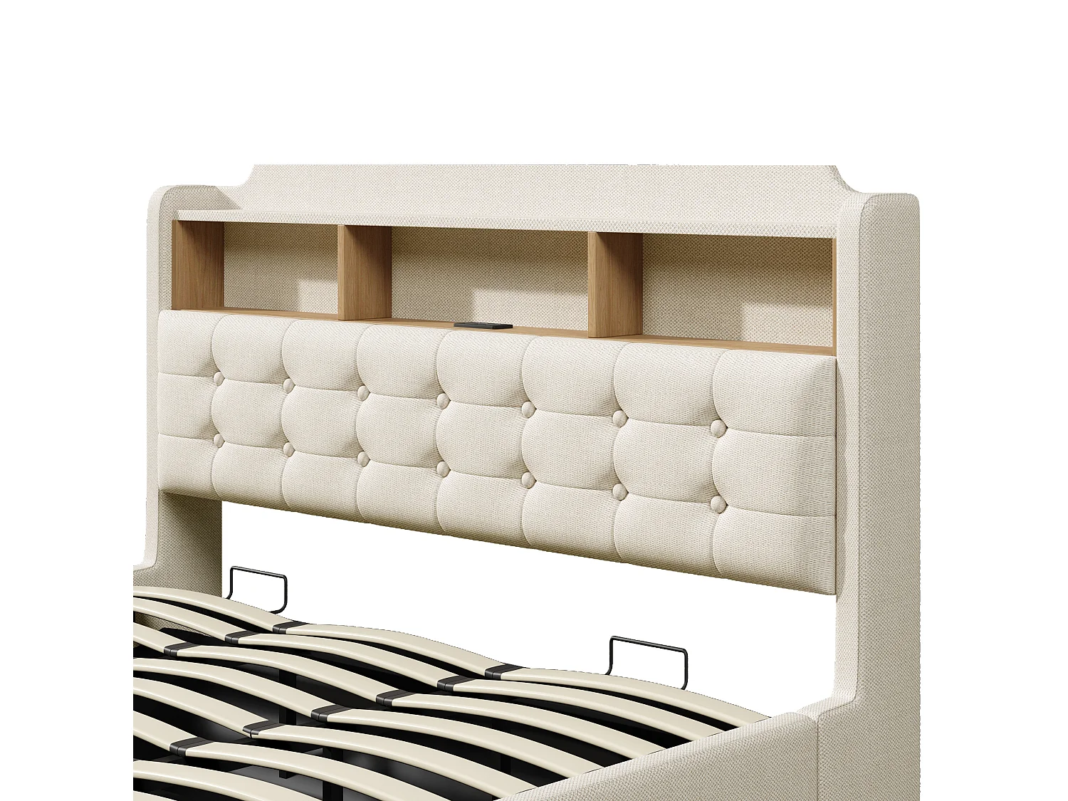 Hängande förvaringssäng 180x200 cm i beige linne, förvaring i sänggaveln, LED‑belysning, USB‑ och Type‑C‑portar, utan madrass