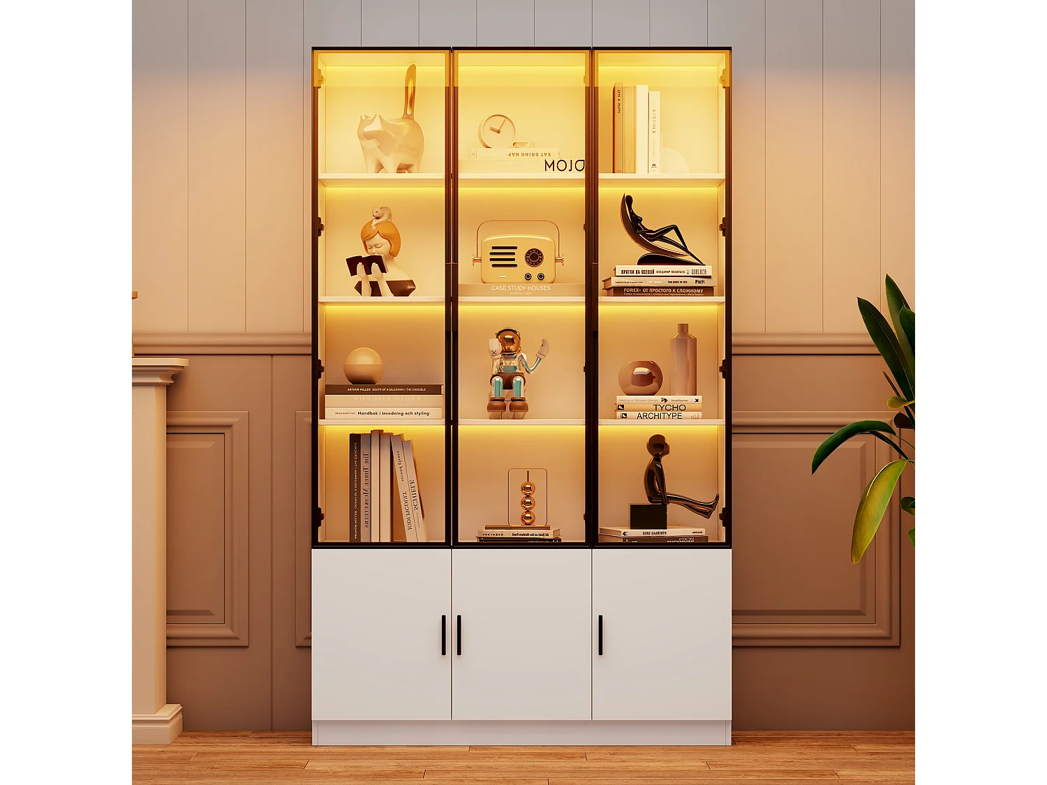 Vetrina alta bianca 120x32x200 cm in MDF e vetro con 6 ante, LED integrato e chiusura ammortizzata