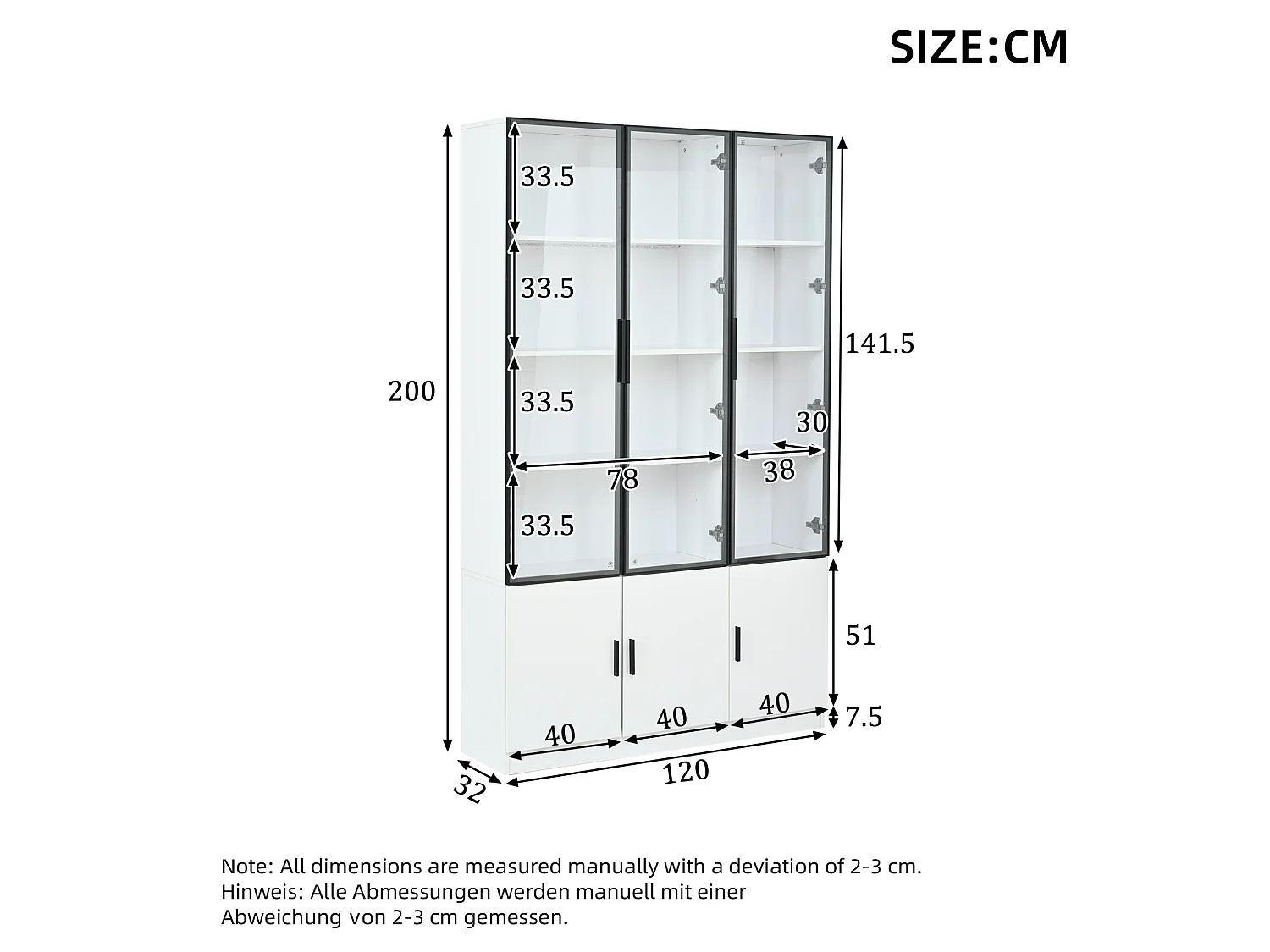 Vetrina alta bianca 120x32x200 cm in MDF e vetro con 6 ante, LED integrato e chiusura ammortizzata
