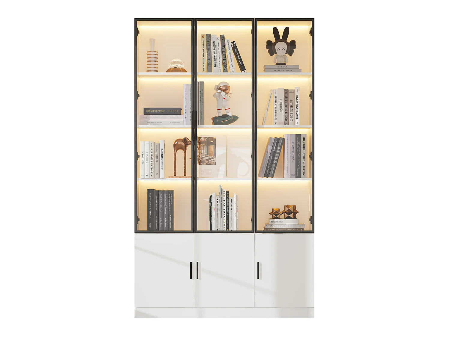 Vetrina alta bianca 120x32x200 cm in MDF e vetro con 6 ante, LED integrato e chiusura ammortizzata