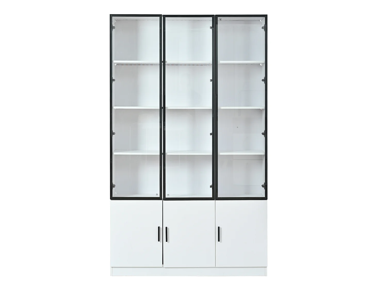 Vetrina alta bianca 120x32x200 cm in MDF e vetro con 6 ante, LED integrato e chiusura ammortizzata
