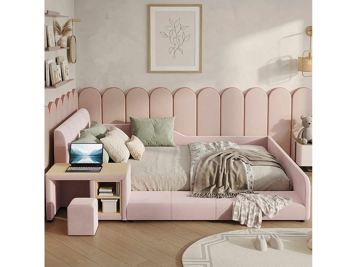 Lit enfant 140x200 cm en velours rose avec bureau, tabouret et étagère de rangement, sans matelas