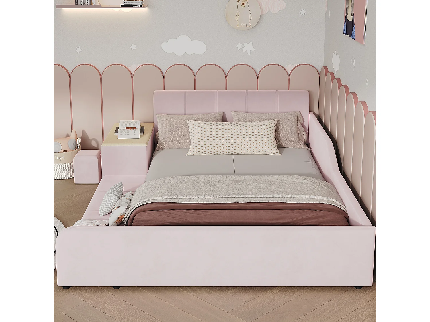 Lit enfant 140x200 cm en velours rose avec bureau, tabouret et étagère de rangement, sans matelas