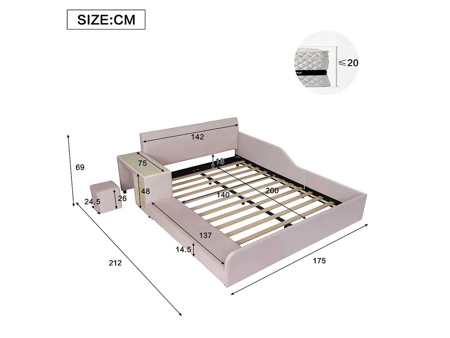 Lit enfant 140x200 cm en velours rose avec bureau, tabouret et étagère de rangement, sans matelas