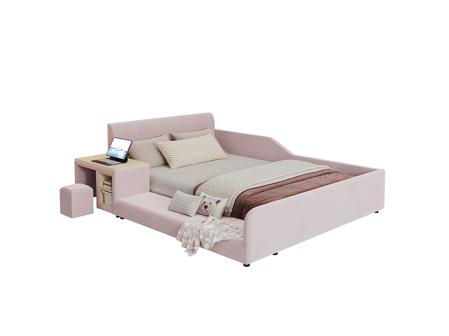 Lit enfant 140x200 cm en velours rose avec bureau, tabouret et étagère de rangement, sans matelas