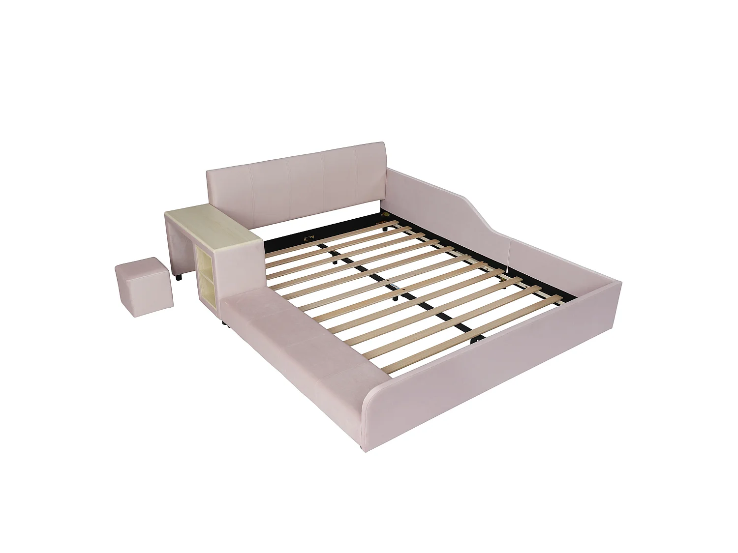 Lit enfant 140x200 cm en velours rose avec bureau, tabouret et étagère de rangement, sans matelas