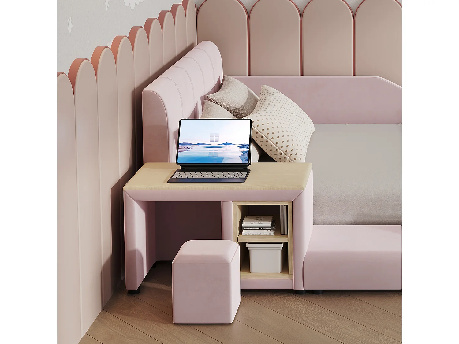 Lit enfant 140x200 cm en velours rose avec bureau, tabouret et étagère de rangement, sans matelas