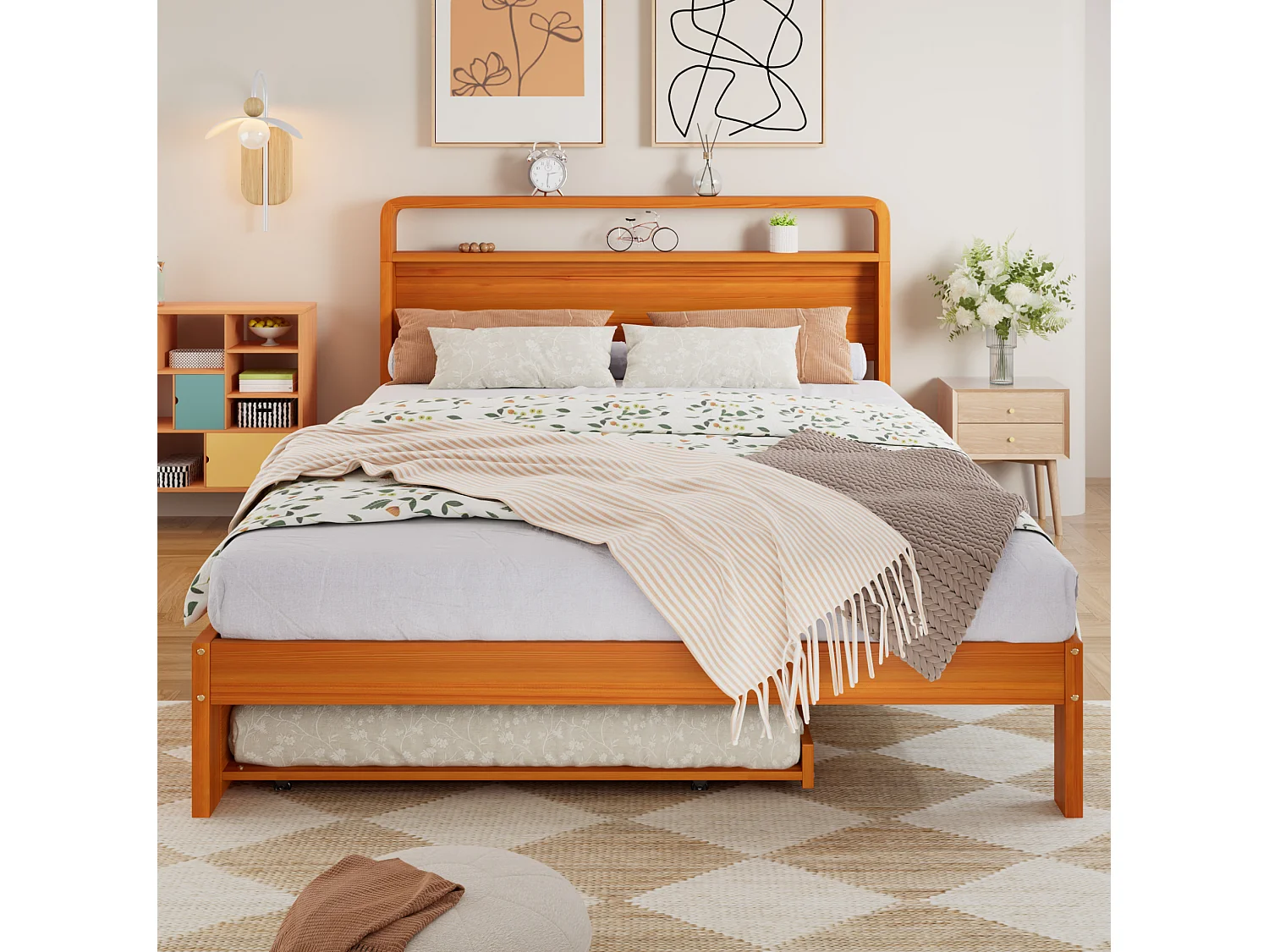 Lit gigogne 140x200 cm en bois naturel, lit d'appoint 90x190 cm inclus, tête de lit arrondie, sans matelas
