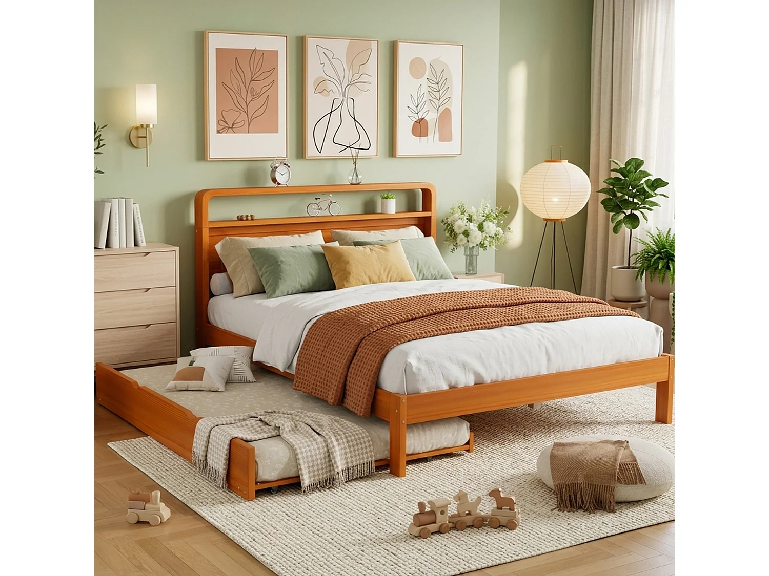 Lit gigogne 140x200 cm en bois naturel, lit d'appoint 90x190 cm inclus, tête de lit arrondie, sans matelas