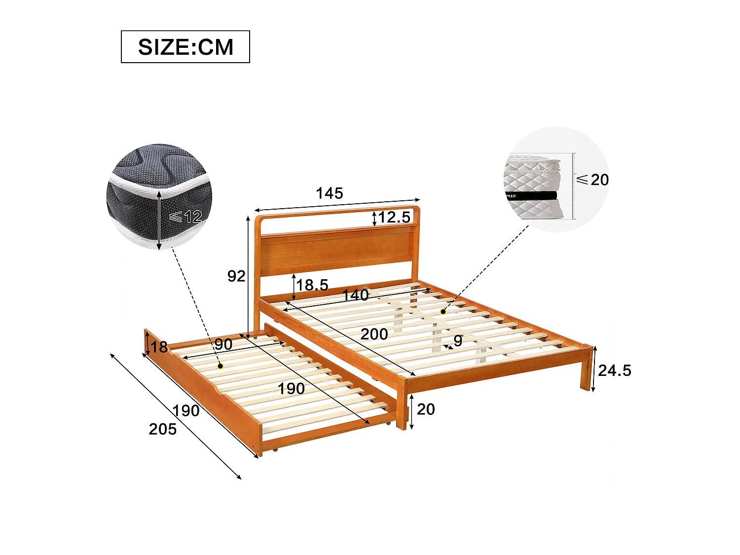 Lit gigogne 140x200 cm en bois naturel, lit d'appoint 90x190 cm inclus, tête de lit arrondie, sans matelas