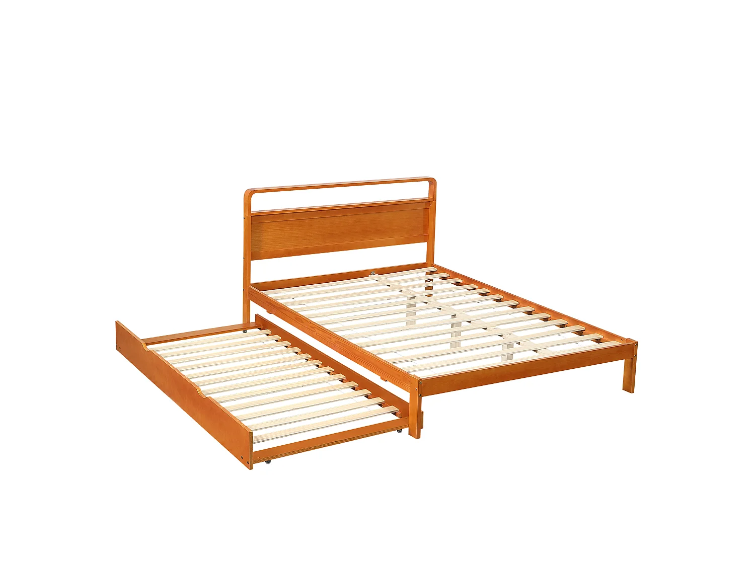 Lit gigogne 140x200 cm en bois naturel, lit d'appoint 90x190 cm inclus, tête de lit arrondie, sans matelas