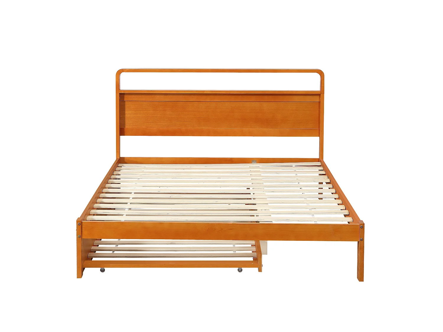 Lit gigogne 140x200 cm en bois naturel, lit d'appoint 90x190 cm inclus, tête de lit arrondie, sans matelas