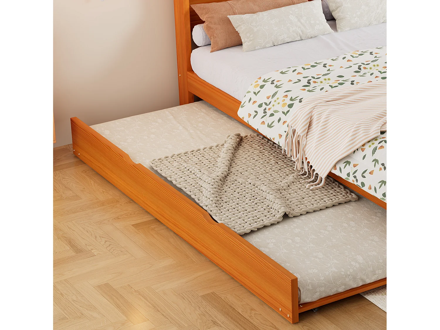 Lit gigogne 140x200 cm en bois naturel, lit d'appoint 90x190 cm inclus, tête de lit arrondie, sans matelas
