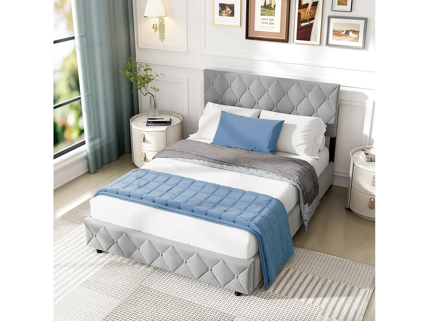 Lit coffre 140x200 cm avec grand rangement, sommier et ouverture hydraulique, en velours gris, sans matelas