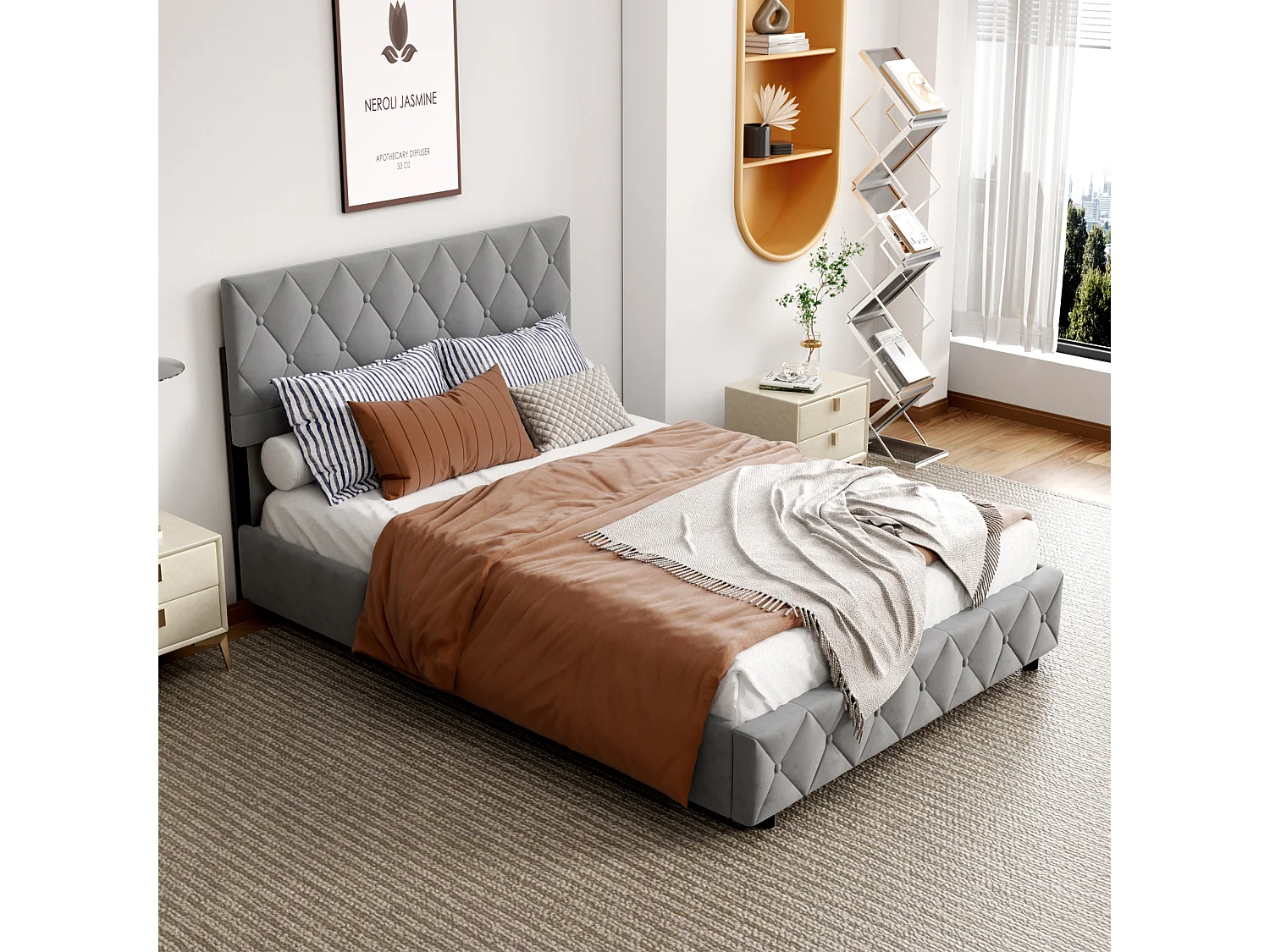 Lit coffre 140x200 cm avec grand rangement, sommier et ouverture hydraulique, en velours gris, sans matelas