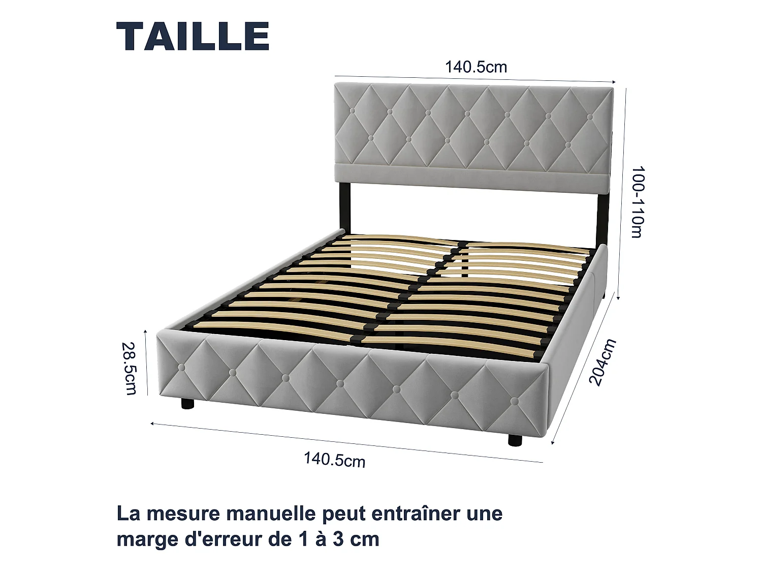 Lit coffre 140x200 cm avec grand rangement, sommier et ouverture hydraulique, en velours gris, sans matelas