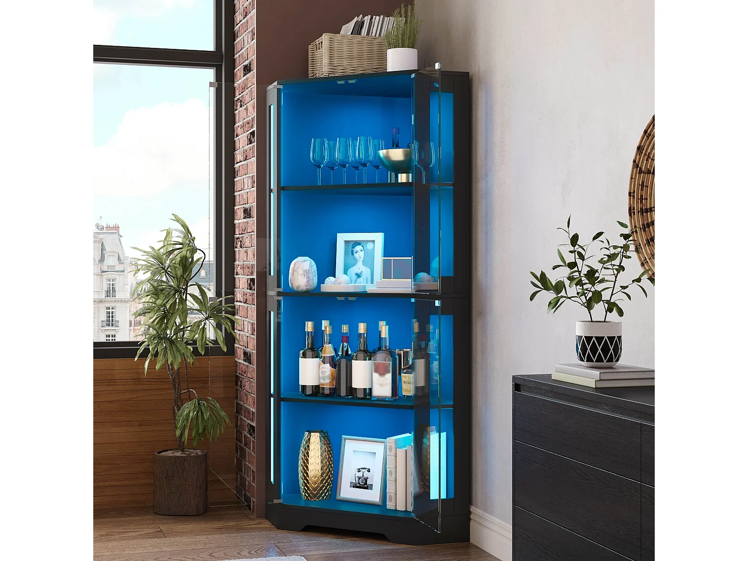 Vitrina negra 40x40x165 cm de MDF y vidrio templado con iluminación LED RGB, 4 puertas push-to-open y 2 estantes