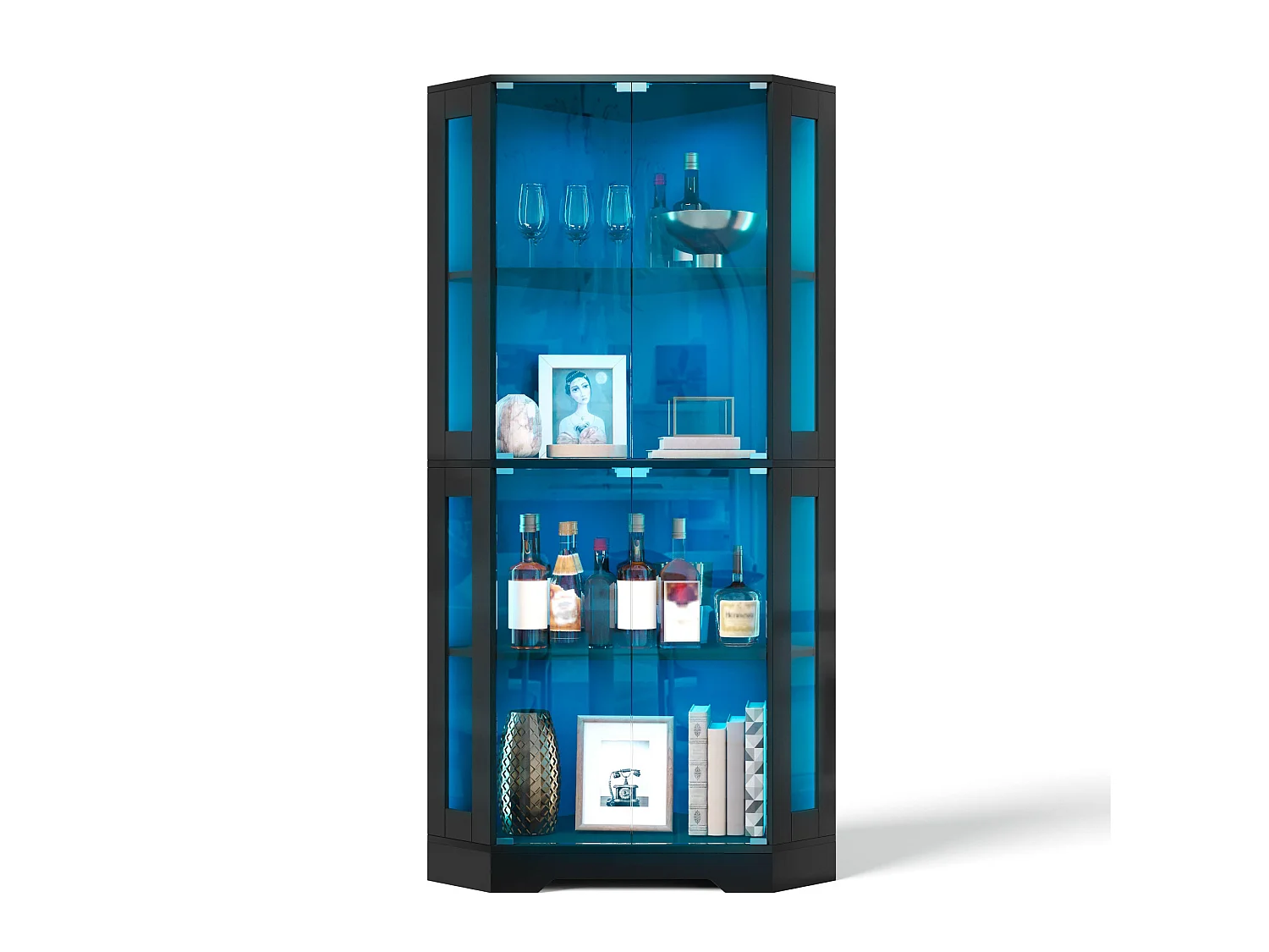 Vitrina negra 40x40x165 cm de MDF y vidrio templado con iluminación LED RGB, 4 puertas push-to-open y 2 estantes