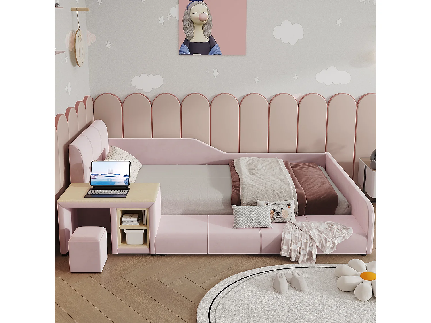 Lit enfant 90x200 cm en velours rose avec bureau, tabouret et étagère de rangement, sans matelas