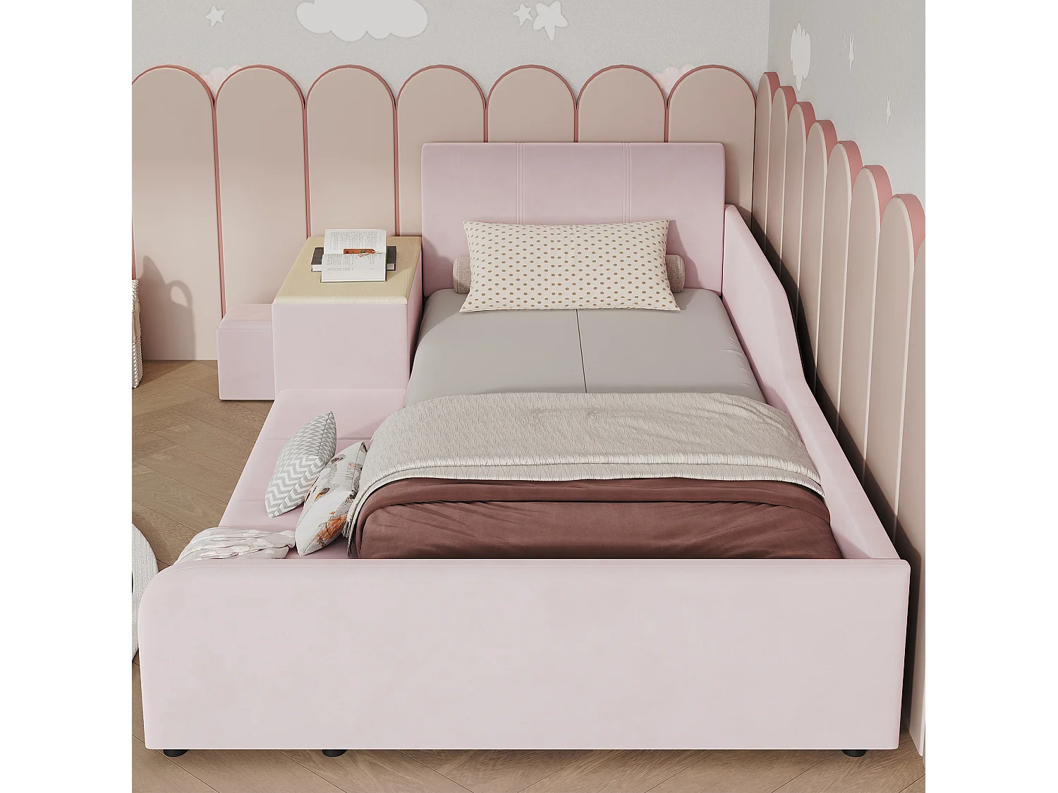 Lit enfant 90x200 cm en velours rose avec bureau, tabouret et étagère de rangement, sans matelas