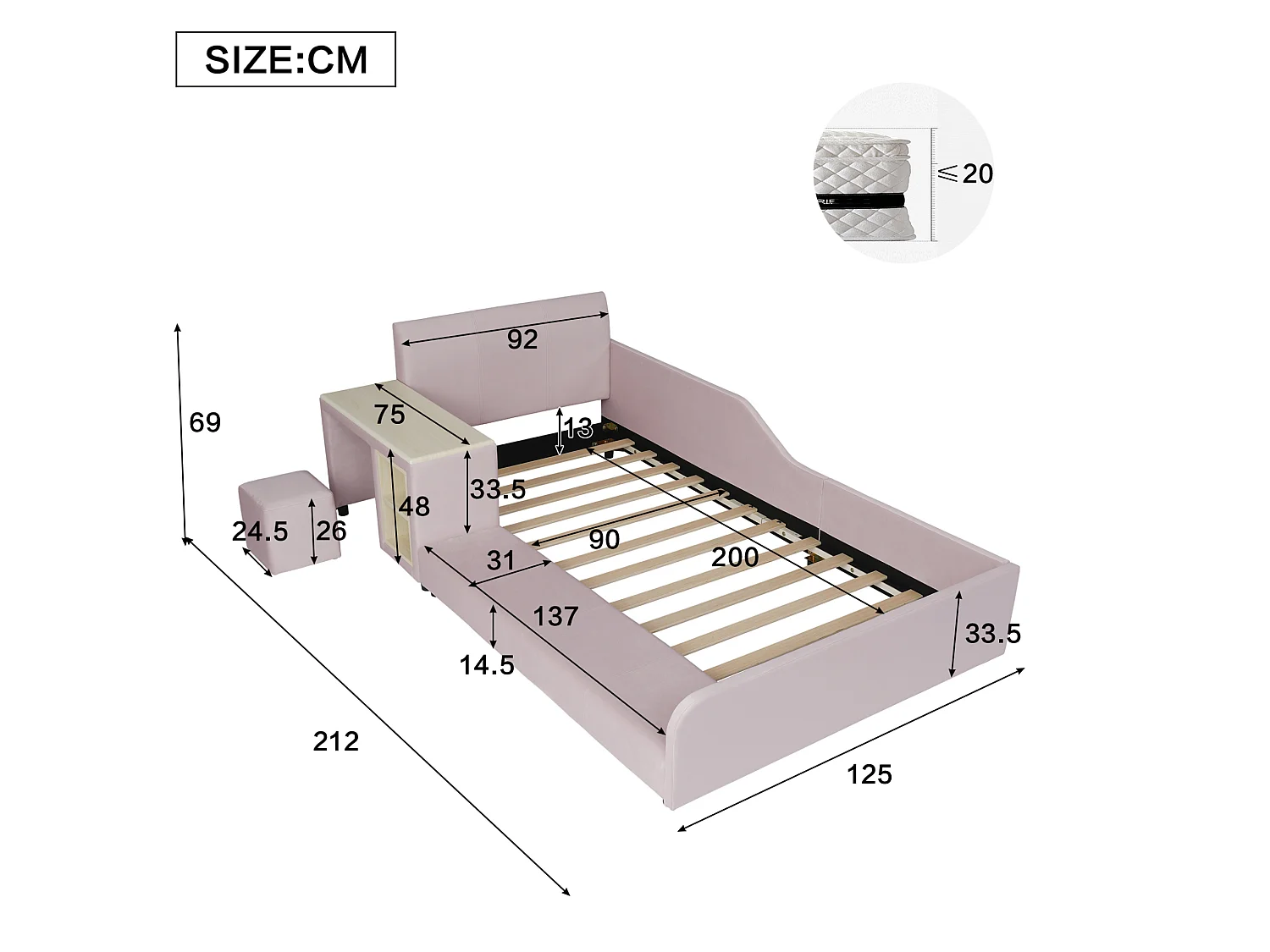 Lit enfant 90x200 cm en velours rose avec bureau, tabouret et étagère de rangement, sans matelas