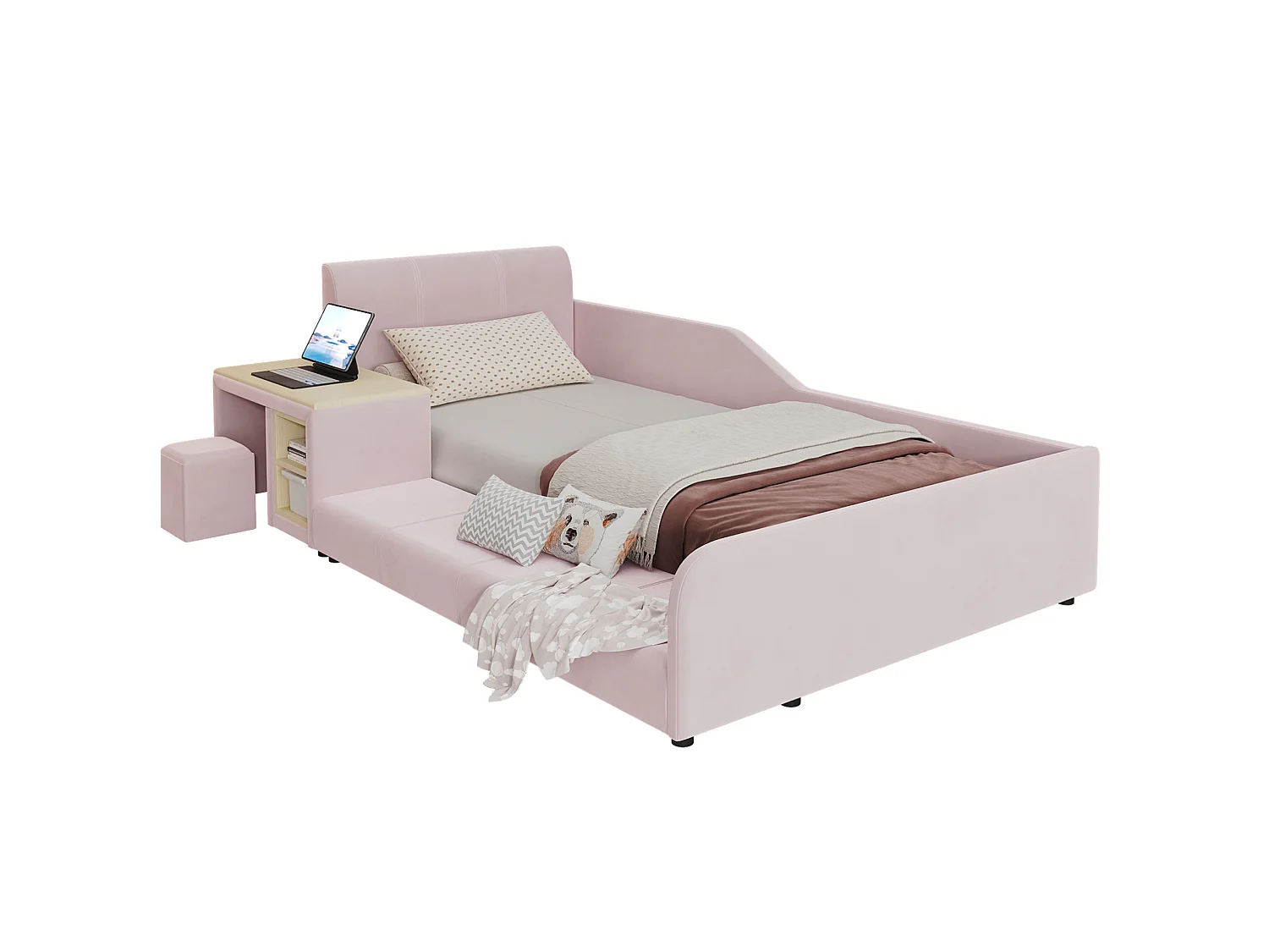 Lit enfant 90x200 cm en velours rose avec bureau, tabouret et étagère de rangement, sans matelas
