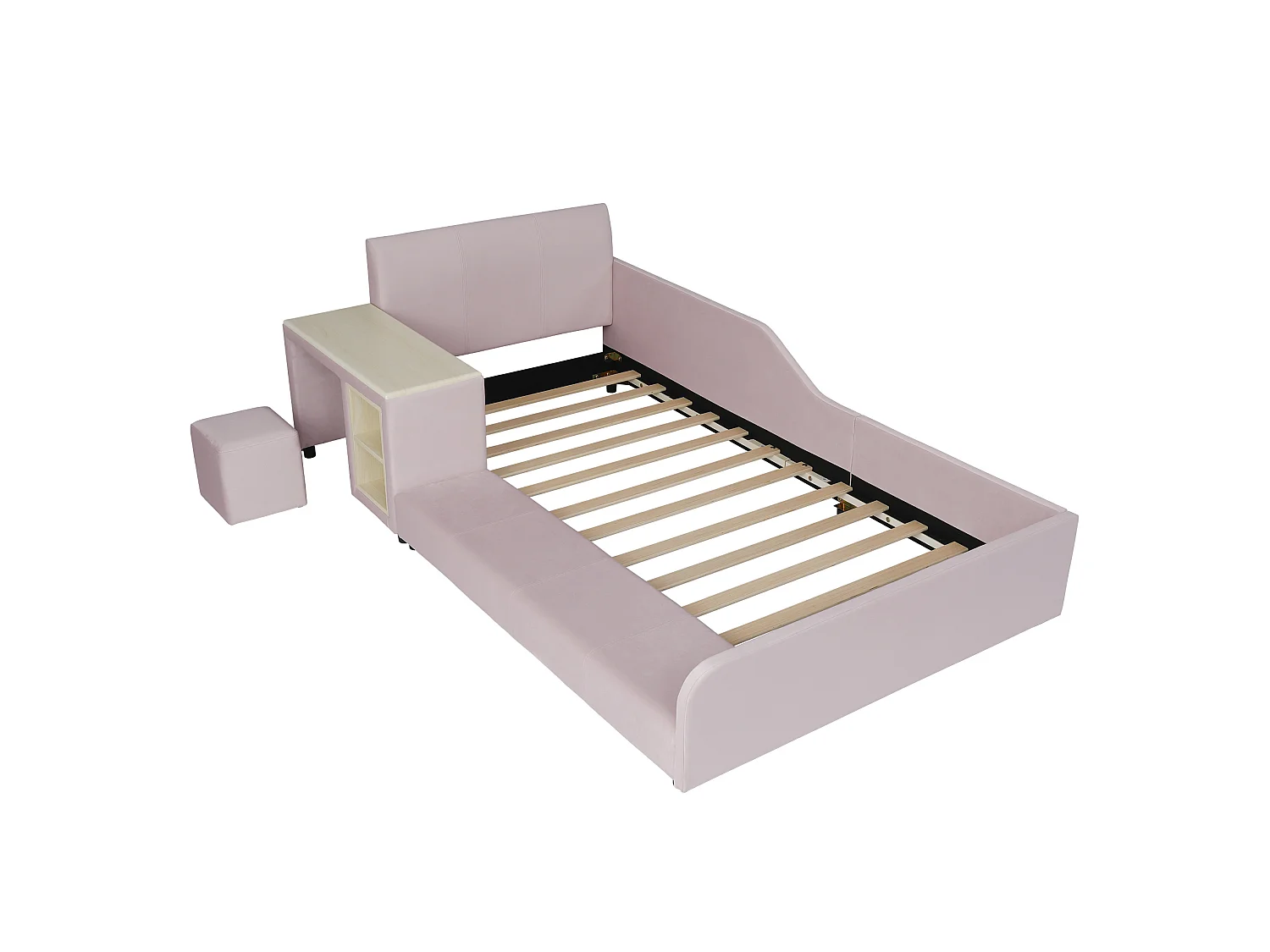 Lit enfant 90x200 cm en velours rose avec bureau, tabouret et étagère de rangement, sans matelas