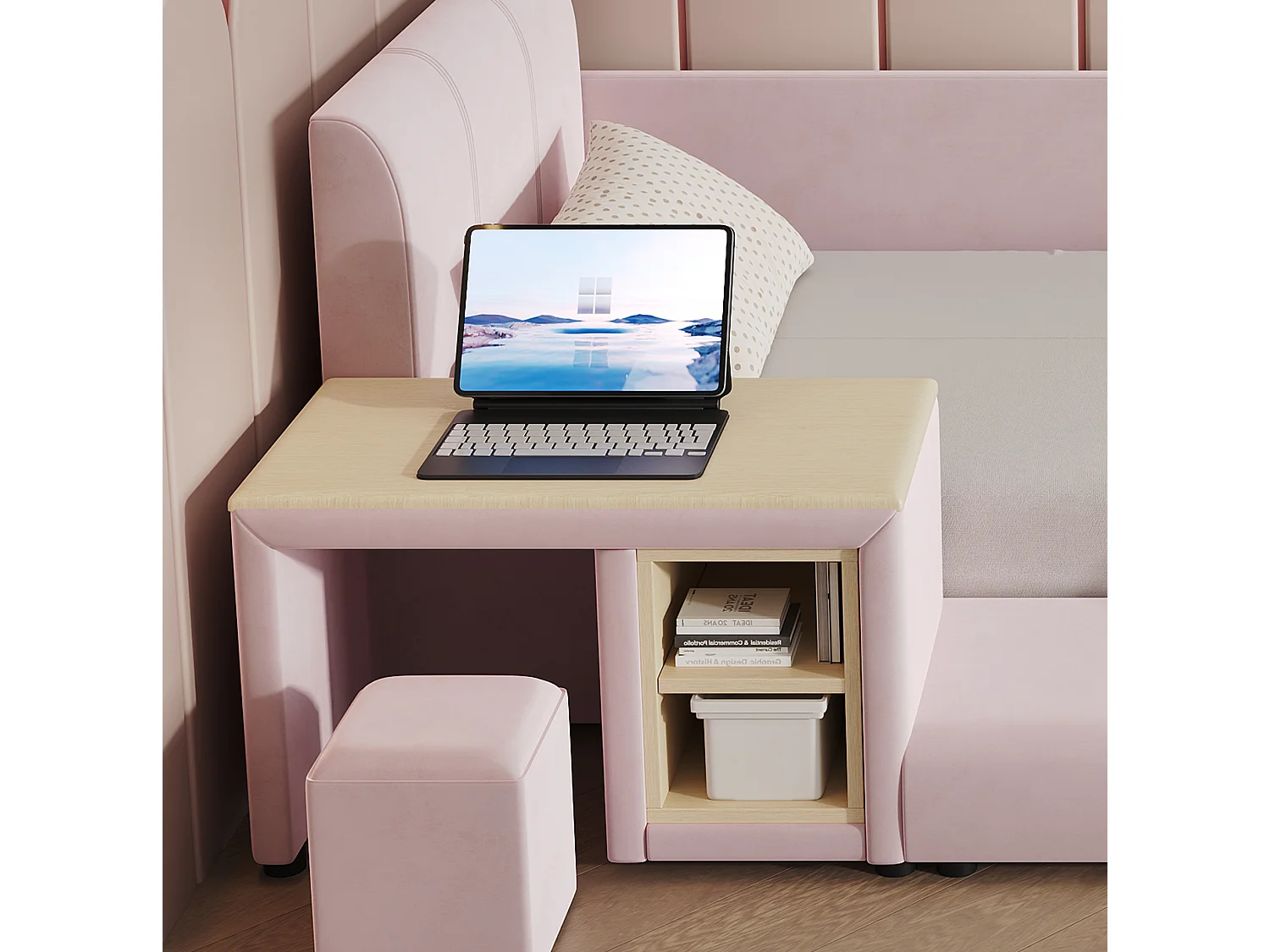 Lit enfant 90x200 cm en velours rose avec bureau, tabouret et étagère de rangement, sans matelas