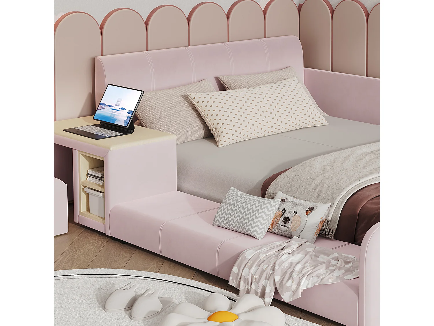 Lit enfant 90x200 cm en velours rose avec bureau, tabouret et étagère de rangement, sans matelas