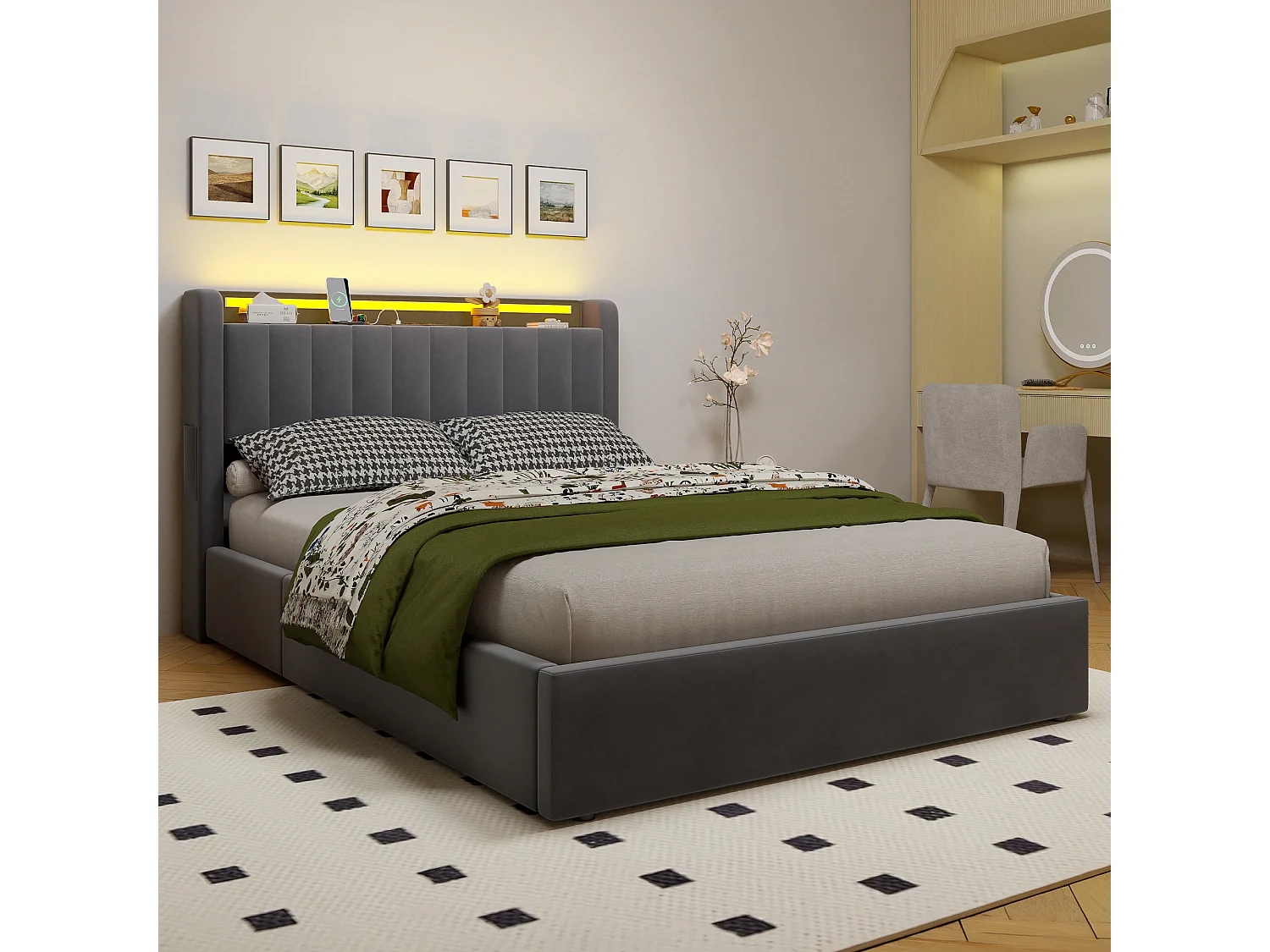 Lit coffre 140x200 cm avec LED, USB, rangement hydraulique et sommier à lattes, en velours gris foncé, sans matelas