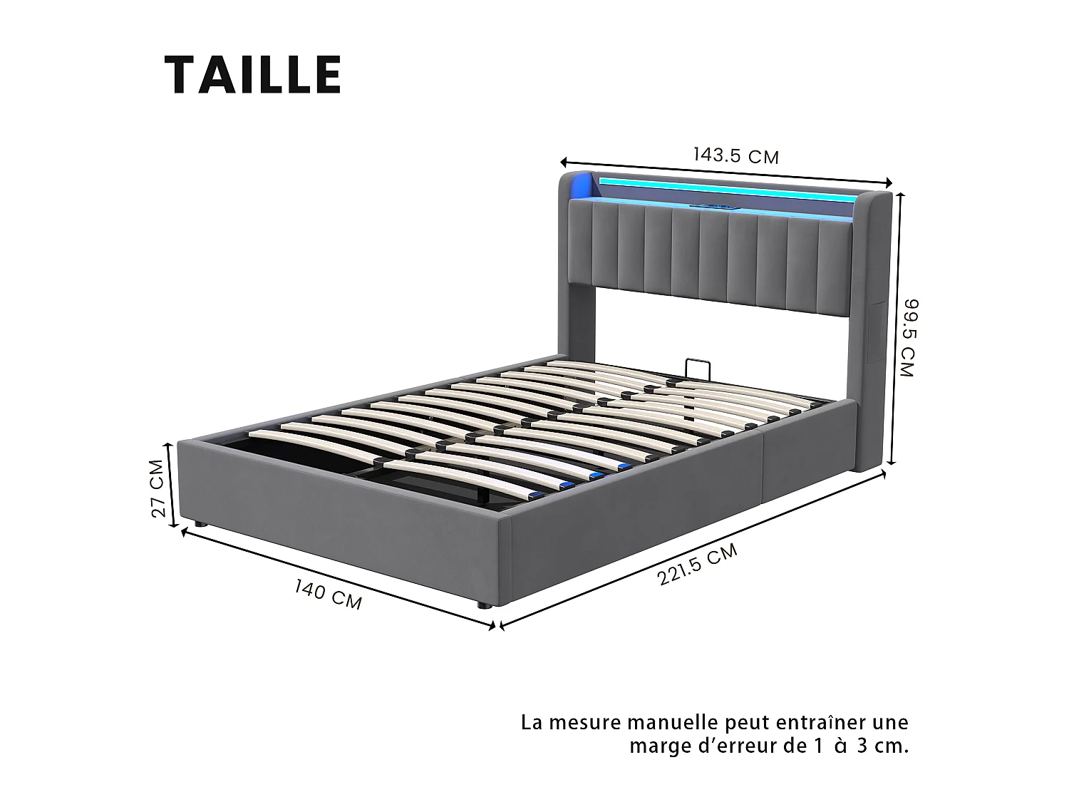Lit coffre 140x200 cm avec LED, USB, rangement hydraulique et sommier à lattes, en velours gris foncé, sans matelas