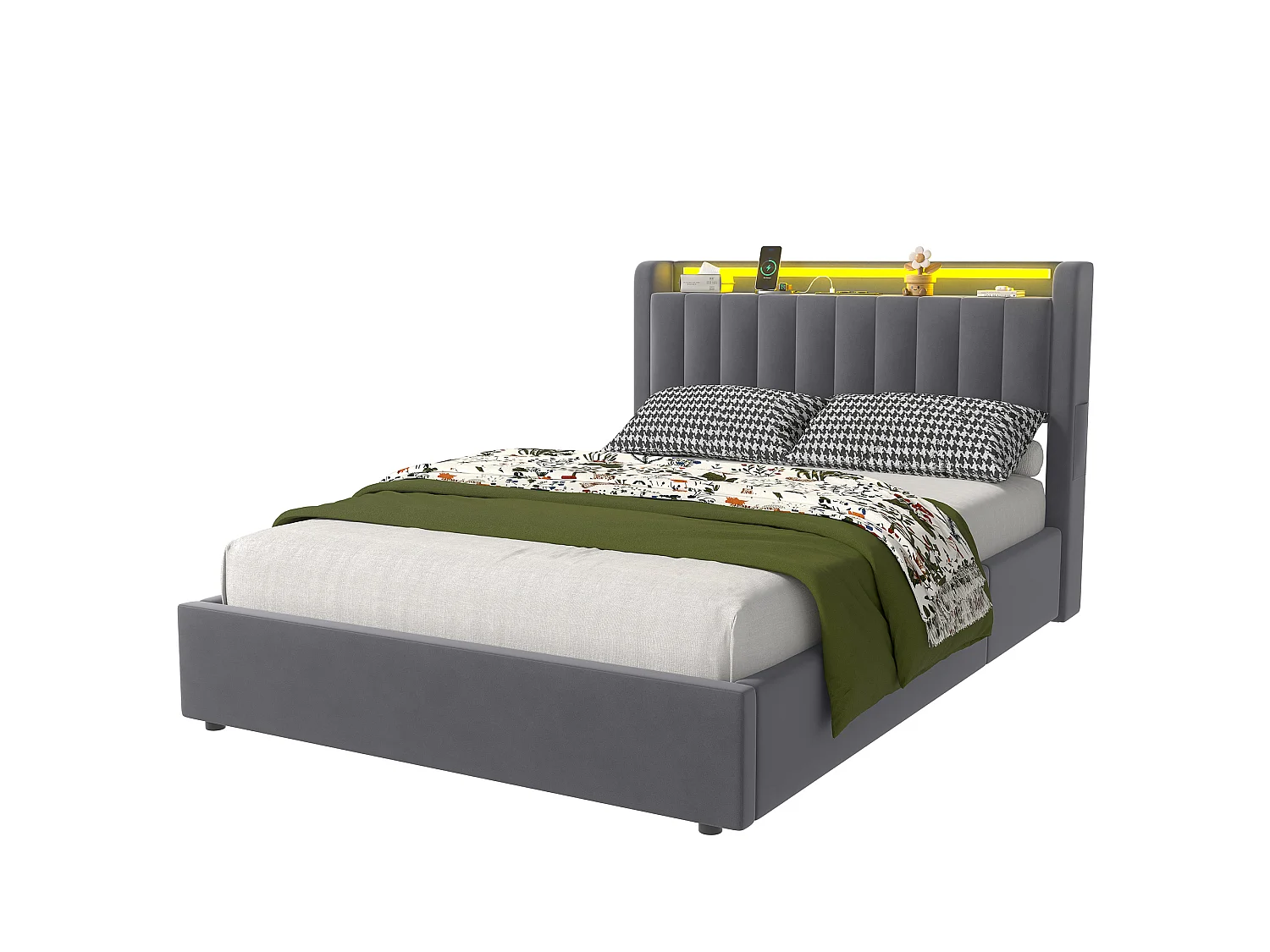 Lit coffre 140x200 cm avec LED, USB, rangement hydraulique et sommier à lattes, en velours gris foncé, sans matelas