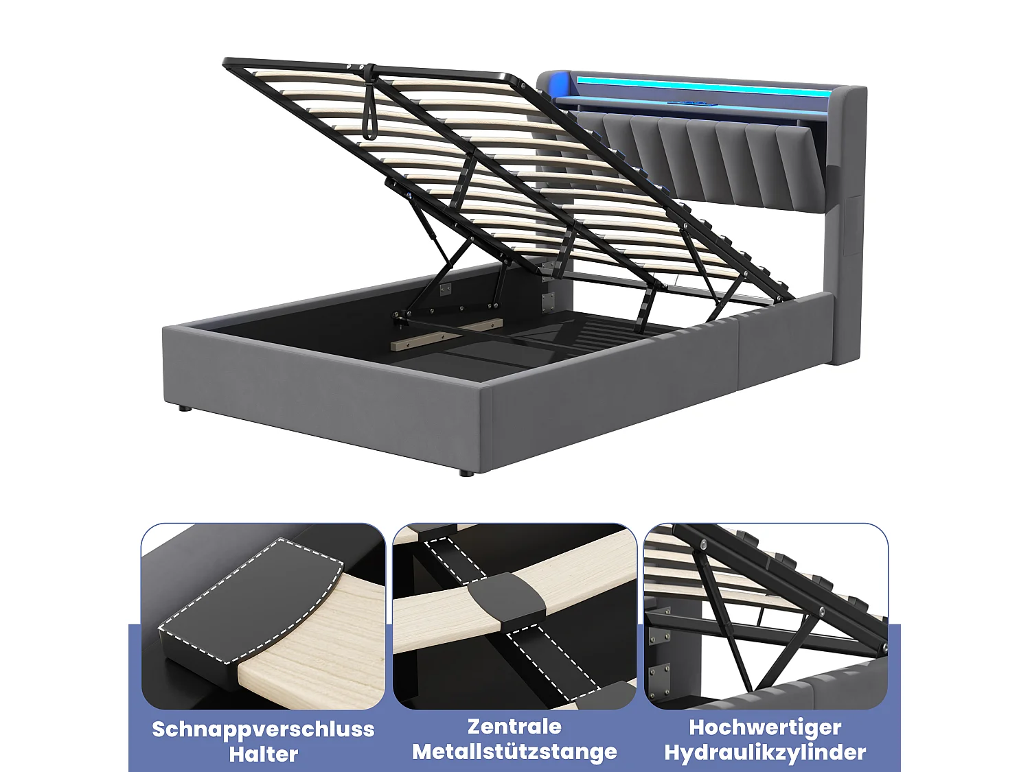 Lit coffre 140x200 cm avec LED, USB, rangement hydraulique et sommier à lattes, en velours gris foncé, sans matelas